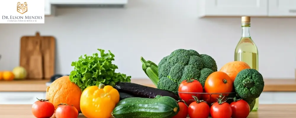 Cozinha com vegetais que fazem parte de uma dieta pra emagracer